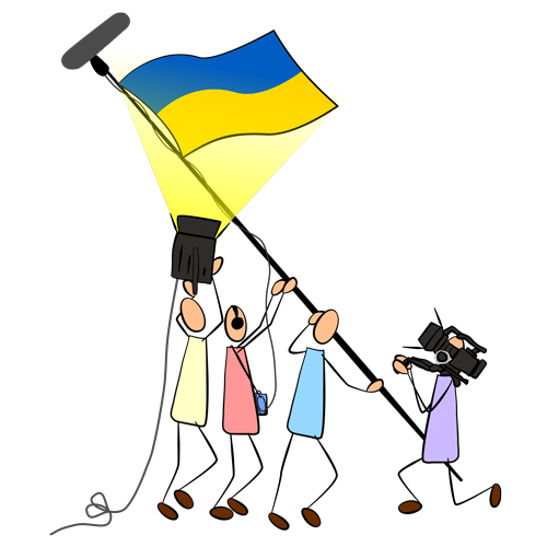 Une équipe audivisuelle monte le drapeau Ukrainien